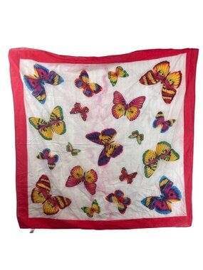 Vintage Echo Cotton Scarf Red/White Butterflies Square Artsy Boho *Small Flaw*